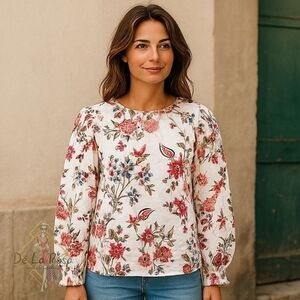 Loft Women's Multi-Floral Long Sleeve Smocked Tie Back Blouse NWT - Large